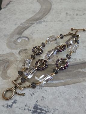 Stephen Dweck Vintage Garnet & Smoky Quartz Beaded Toggle Bracelet, Rare!!